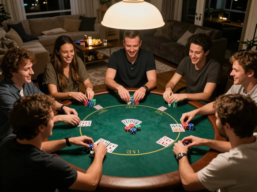 Friends enjoying a lively poker night at home with Five 88 strategy discussions and colorful chips.