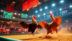 View a thrilling đá gà trực tiếp match with spectators and live betting odds displayed.