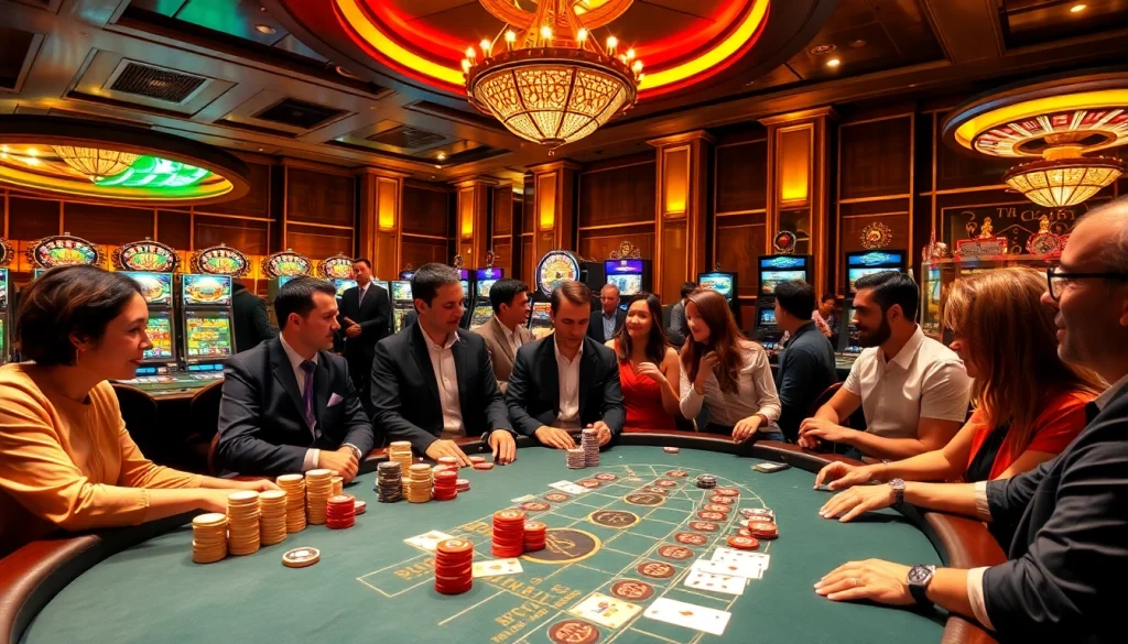 Experience the excitement of gambling with players at TA88, enjoying blackjack and roulette in a luxurious casino.