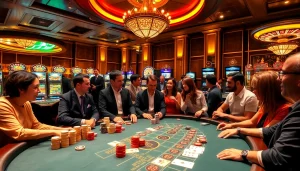 Experience the excitement of gambling with players at TA88, enjoying blackjack and roulette in a luxurious casino.