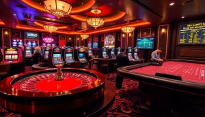 Gamblers enjoying a vibrant atmosphere at https://lode88.network/ with roulette tables and slot machines.