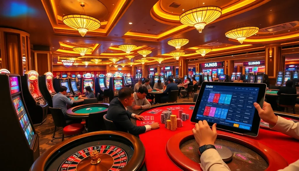Experience thrilling gameplay with SIN88 at a stunning casino showcasing vibrant tables and enthusiastic players.