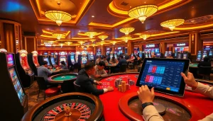 Experience thrilling gameplay with SIN88 at a stunning casino showcasing vibrant tables and enthusiastic players.